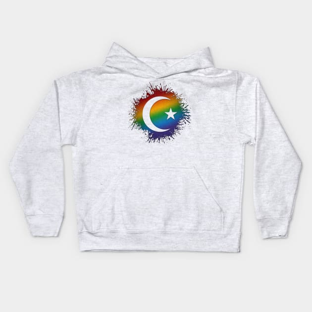 Paint Splatter LGBTQ Pride Rainbow Star and Crescent Symbol Kids Hoodie by LiveLoudGraphics